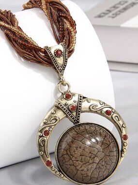 Bohemian Brown Marbled Stone Necklace Multilayer Cord & Beads Statement Jewelry